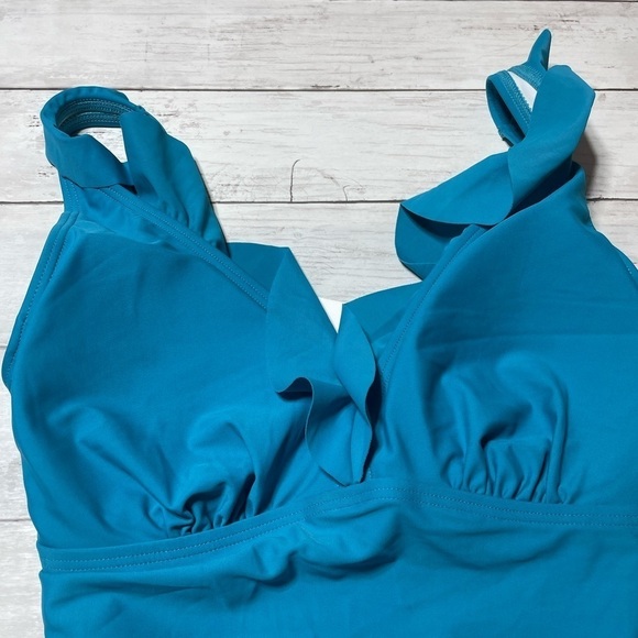 DKNY Teal Ruffle Plunge Tummy Control One Piece Swimsuit 8 - Picture 3 of 10